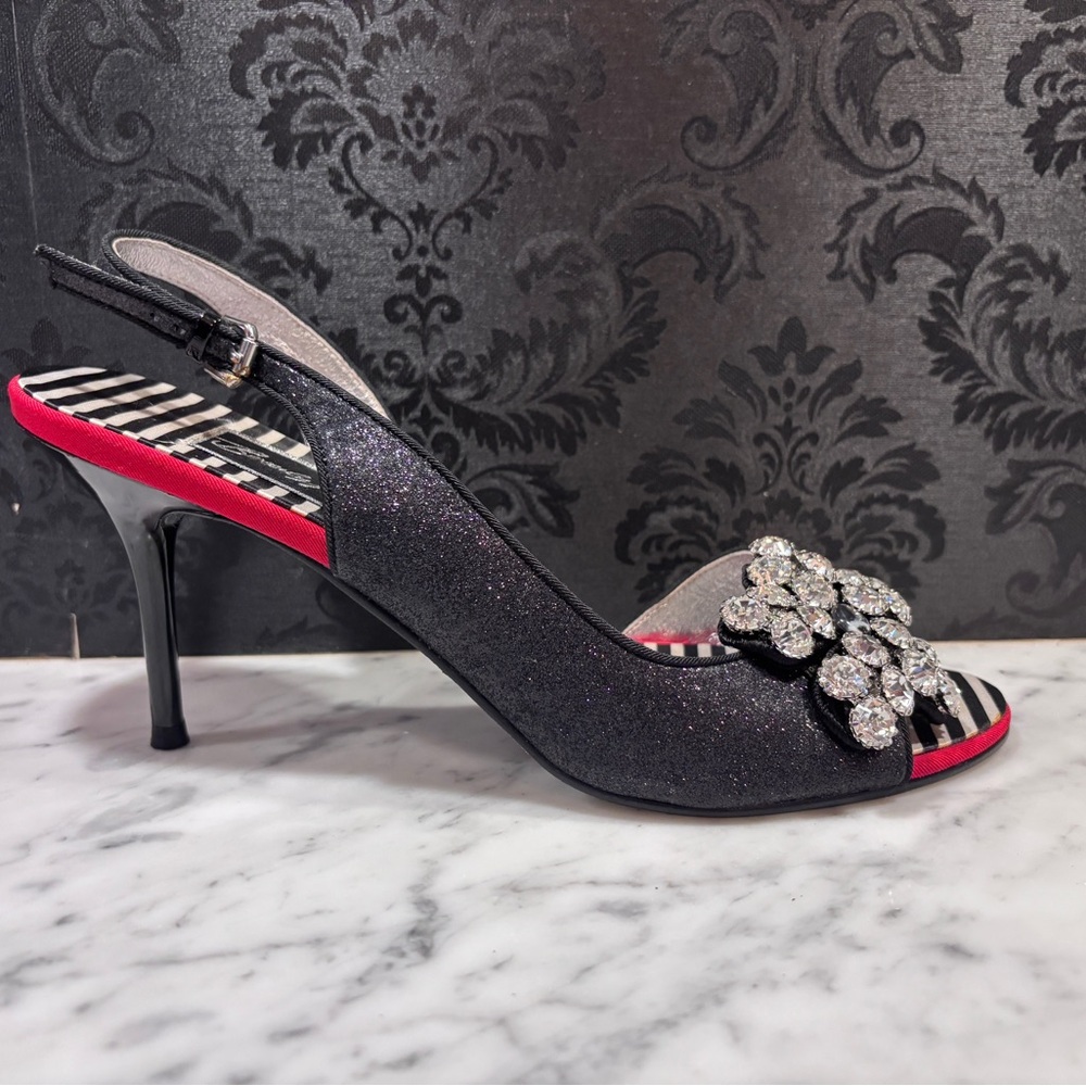 Beverly Feldman rhinestone cluster red/black sling backs